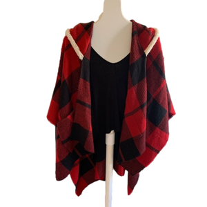 Red & Black Cape Wrap With Hood